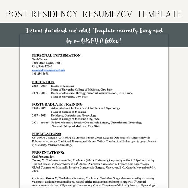 Professional cv Template | Fellowship Resume CV Template | Google Doc Resume Template | Resident Resume Template Word