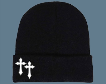 Vintage Brand New Y2K Black & White Crucifix Graphic Beanie Hat