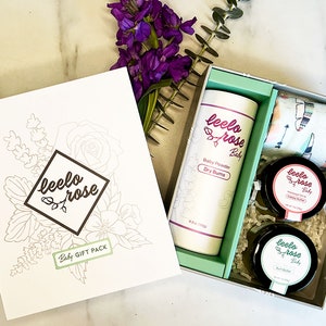 Natural & Organic New Born Baby Gift Box Set | Powder, Salve, Sleep Balm, and Washcloth