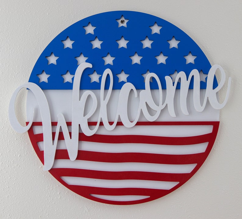 Welcome Round Stars n Stripes Wood Carving Welcome Sign image 1