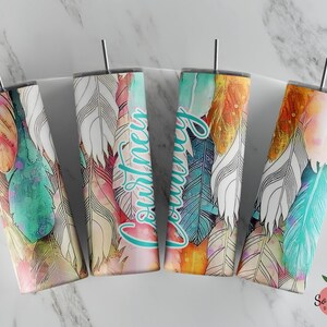Personalized Tumbler, Pastel Feather Tumbler, Feather Boho Tumbler, Spring Tumbler, Custom Name Tumbler, Sublimation Skinny Tumbler