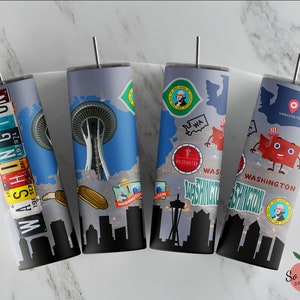 May include: Four stainless steel tumblers with different designs featuring the state of Washington. The designs include a skyline, a map, a cartoon state, and a license plate.