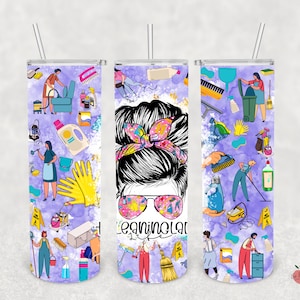 May include: A purple tumbler with a design of a woman with a messy bun and sunglasses, surrounded by cleaning supplies and tools. The text "Cleaning Lady Life" is printed on the tumbler.