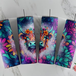 Highland Cow Tumbler, Cow Tumbler, Western Tumbler, Boho Tumbler, Flower Tumbler, Sublimation Skinny Tumbler, Gift For Friend