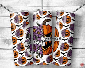 May include: A white tumbler with a pattern of purple flowers and orange jack-o'-lanterns. The tumbler has a large jack-o'-lantern with stitched seams and the text "Sorta Spooky, Sorta Sweet".