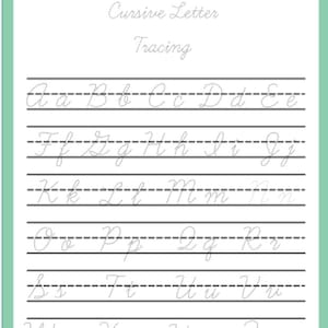 May include: A white sheet of paper with cursive letter tracing exercises. The letters A through Z are displayed in dotted lines for tracing practice. The words "Cursive Letter Tracing" are written at the top in a light gray color.