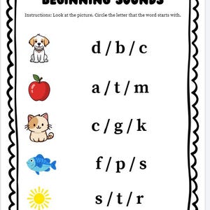 Puede incluir: Hoja de trabajo educativa titulada "BEGINNING SOUNDS" con instrucciones para rodear la letra inicial de cada palabra. Presenta ilustraciones de un cachorro, una manzana, un gato, un pez y un sol, cada uno emparejado con opciones de letras.