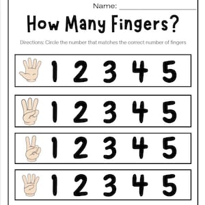 Könnte beinhalten: Ein Arbeitsblatt mit dem Titel "Wie viele Finger?" und Anweisungen, die Zahl zu kreisen, die der richtigen Anzahl von Fingern entspricht. Fünf Bilder von Händen, die verschiedene Fingerzahlen zeigen, werden mit den Zahlen 1 bis 5 unter jedem Bild angezeigt.