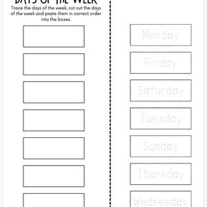 Days of the Week Pre-k/ Kindergarten Worksheets - Etsy