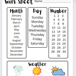 May include: A printable daily work sheet with a calendar, days of the week, numbers 1-31, and weather icons for rainy, sunny, and cloudy days.