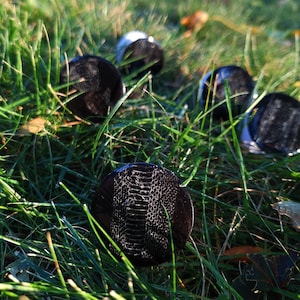 May include: Several black bottle stoppers with a textured, snake-skin-like pattern are scattered in green grass. The stoppers have a dark, glossy finish, and some have a silver rim. The scene is outdoors, with sunlight illuminating the grass.