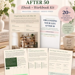 May include: An ebook and workbook kit titled Organizing Your Life After 50, featuring a guide for decluttering and simplifying. The set includes multiple printed pages with worksheets, sections on clearing physical clutter, and a mug with the text Good Things Ahead.