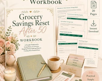 Cahier d'exercices pour réinitialiser ses économies sur les courses après 50 ans, planificateur de budget alimentaire imprimable, plan de repas, inventaire du garde-manger, suivi du gaspillage alimentaire