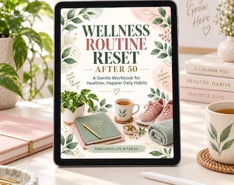 May include: A digital tablet displaying a book cover titled Wellness Routine Reset After 50, A Gentle Workbook for Healthier, Happier Daily Habits. The cover features botanical illustrations, a notebook, a mug, sneakers, and a towel.