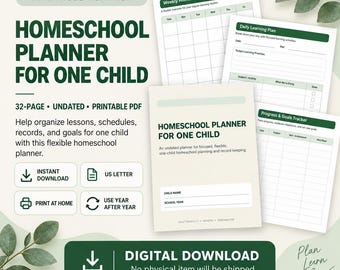 Homeschool Planner for One Child Printable, Undated Homeschool Organizer, Lesson Planner, Attendance Record, PDF Download