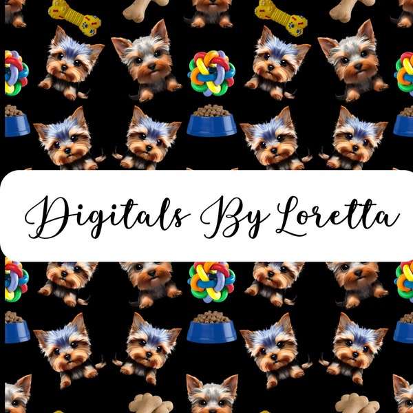 Seamless pattern Design Yorkie Puppy Rainbow Ball Doggie Biscuit Dog Bowl Digital Download Creative Joy Pet Lovers Heartwarming Design