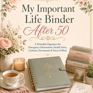 May include: A sage green spiral-bound binder with a gold tree icon and the text "Organize with Peace" on the cover. The binder is accompanied by a gold pen, a set of tabbed dividers labeled for personal information, health, and finances, and a notepad.