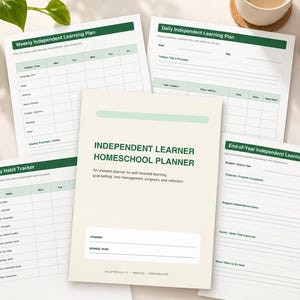 May include: A collection of printable homeschool planner pages featuring a cover sheet titled Independent Learner Homeschool Planner, a Weekly Independent Learning Plan, a Daily Independent Learning Plan, a Study Habit Tracker, and an End-of-Year Independent Learning Summary, all with green headers.