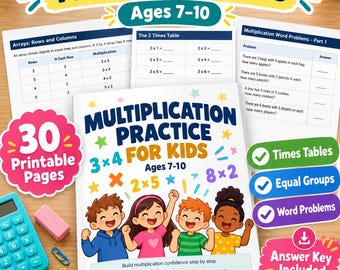 Könnte beinhalten: Ein Multiplikations-Übungsheft für Kinder im Alter von 7-10 Jahren mit 30 druckbaren Seiten. Das Cover zeigt vier Zeichentrickkinder, Mathegleichungen und den Text Multiplication Practice For Kids. Enthält Arbeitsblätter für Einmaleins und Textaufgaben.