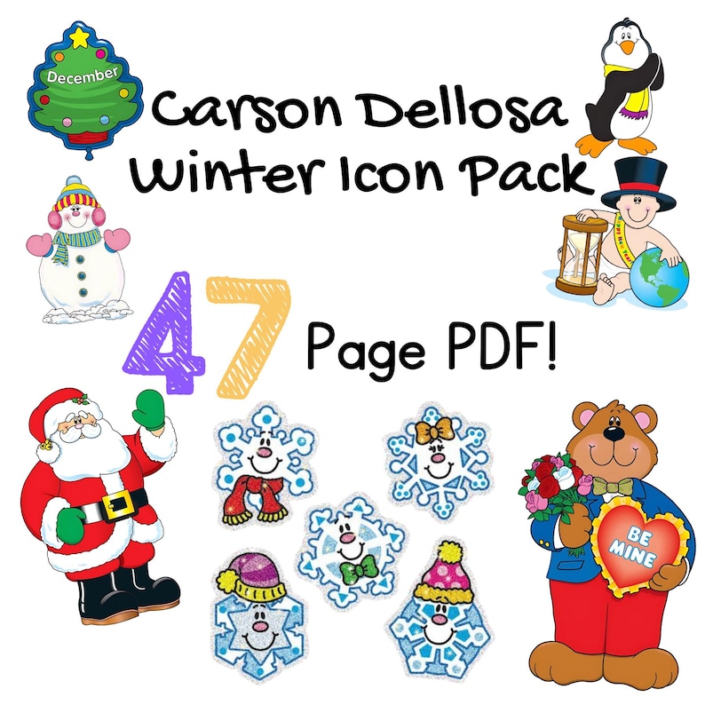 May include: A colorful winter-themed icon pack by Carson Dellosa, featuring a Christmas tree, snowman, Santa Claus, penguin, and bear. The pack includes snowflake designs and the text "47 Page PDF!"