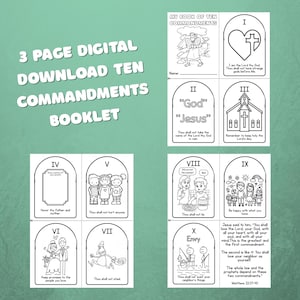 Könnte beinhalten: Ein digitales Download-Heft mit dem Titel "Mein Buch der zehn Gebote". Das Heft enthält Schwarz-Weiß-Illustrationen und Text für jedes Gebot. Auf dem Cover steht "3-seitiges digitales Download-Heft mit den zehn Geboten."