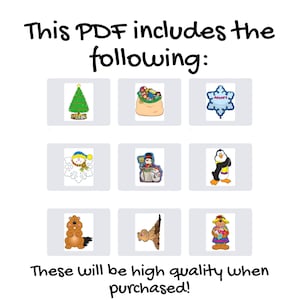 May include: A digital PDF with various winter and holiday-themed illustrations. The image includes a Christmas tree, a bag of gifts, a snowflake with the word "January", a snowman, a penguin, and a groundhog. Text reads "This PDF includes the following:" and "These will be high quality when purchased!"