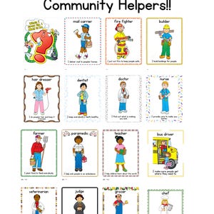 Może przedstawiać: Kolekcja kart edukacyjnych zatytułowana NOW INCLUDES: Community Helpers!! zawierająca ilustracje r&oacute;żnych zawod&oacute;w, w tym listonosza, strażaka, budowniczego, fryzjera, dentysty, lekarza, pielęgniarki, rolnika, ratownika medycznego, nauczyciela, kierowcy autobusu, weterynarza, sędziego, sprzedawcy i szefa kuchni wraz z opisowym tekstem.