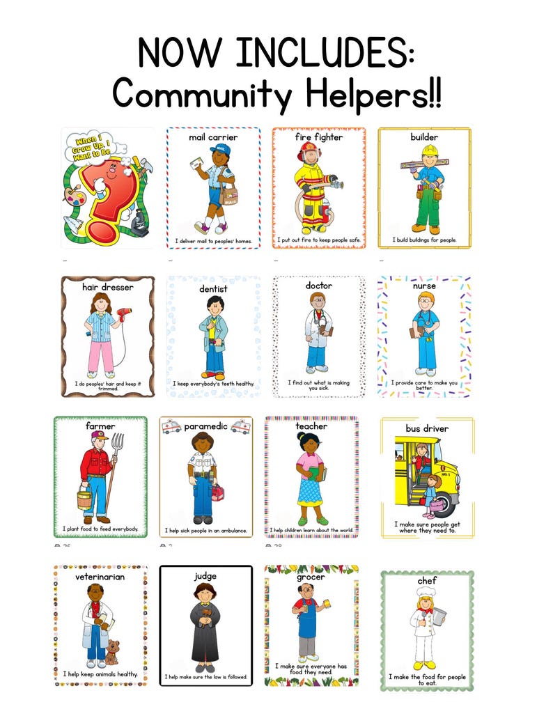 Może przedstawiać: Kolekcja kart edukacyjnych zatytułowana NOW INCLUDES: Community Helpers!! zawierająca ilustracje r&oacute;żnych zawod&oacute;w, w tym listonosza, strażaka, budowniczego, fryzjera, dentysty, lekarza, pielęgniarki, rolnika, ratownika medycznego, nauczyciela, kierowcy autobusu, weterynarza, sędziego, sprzedawcy i szefa kuchni wraz z opisowym tekstem.