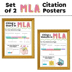 May include: Set of two framed MLA citation posters. The posters have a gold frame and feature pink text with a white outline. One poster shows how to cite a story, and the other shows how to cite a website.