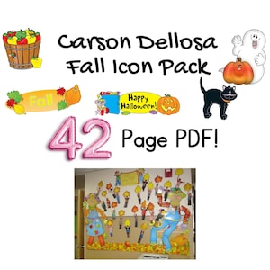 May include: A collection of fall-themed icons and decorations, including a wooden basket of apples, pumpkins, a black cat, and a friendly ghost. The text "Carson Dellosa Fall Icon Pack" and "Happy Halloween!" are also visible. The image is a 42-page PDF.