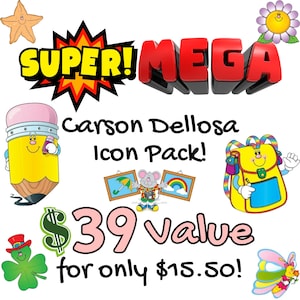 May include: A colorful graphic with the words "SUPER! MEGA" in bold letters. The image includes cartoon illustrations of a pencil, backpack, and other playful elements. Text reads "Carson Dellosa Icon Pack!"