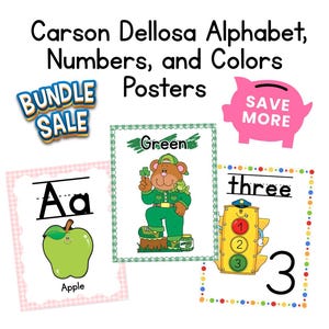 Peut inclure: Ensemble d'affiches Carson Dellosa Alphabet, Numbers, and Colors. Une carte montre la lettre Aa avec une pomme verte, une autre montre un ours avec le mot Green, et une troisième montre le chiffre 3 avec un feu de signalisation.