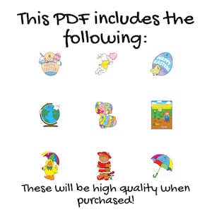 Op de afbeelding: Een digitale downloadafbeelding met de tekst "This PDF includes the following:" en "These will be high quality when purchased!". De afbeelding bevat kleurrijke illustraties van paaseieren, een konijn, een wereldbol en andere lentethema's.