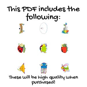 Op de afbeelding: Witte achtergrond met de tekst "This PDF includes the following:" en "These will be high quality when purchased!". De afbeelding toont negen kleurrijke cartoon illustraties van verschillende wezens en objecten.
