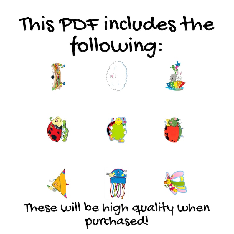 Op de afbeelding: Witte achtergrond met de tekst "This PDF includes the following:" en "These will be high quality when purchased!". De afbeelding toont negen kleurrijke cartoon illustraties van verschillende wezens en objecten.