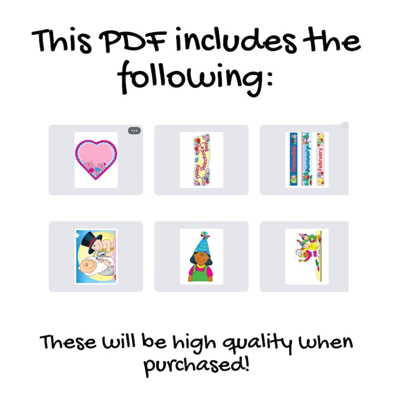 May include: An image with the text "This PDF includes the following:" and "These will be high quality when purchased!". The image contains six illustrations, including a heart, a Valentine's Day banner, and calendar months.