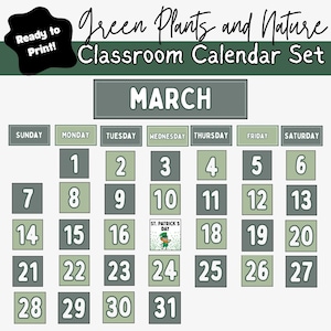 Ensemble de calendrier de classe vert nature plantes imprimable, cartes de calendrier graphique de poche, calendrier affichage météo, décoration de salle de classe