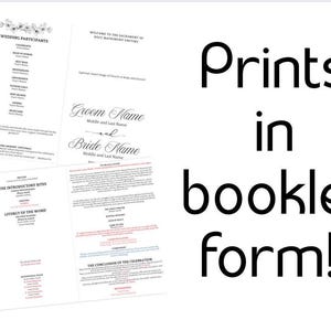 Puede incluir: Un folleto de programa de ceremonia de boda con el texto "Wedding Participants", "The Introductory Rites", "Liturgy of the Word", "The Conclusion of the Celebration" y "Groom Name" y "Bride Name" impreso en la portada. El folleto está impreso en blanco y negro y tiene un diseño floral en la portada.