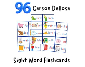 Może przedstawiać: Karty obrazkowe z wyrazami i ilustracjami. Obraz zawiera niebieską liczbę "96", tekst "Carson Dellosa" oraz słowa "Sight Word Flashcards". Każda karta łączy słowo z odpowiednim obrazem.