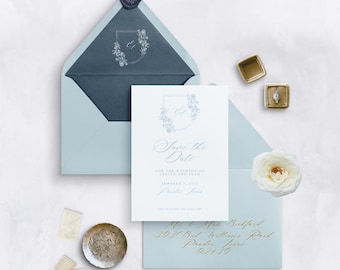 Wedding Floral Monogram Crest Save the Date Cards | Semi-Custom Luxury Wedding Stationery