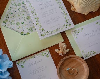 Watercolor Hydrangea and Oyster Semi-Custom Invitation Suite | 5-Piece Luxury Coastal Wedding Invitation Set