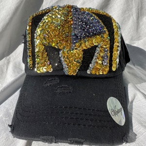Vegas style bling baseball cap, hand sewn sequins, vintage style, faded black cap