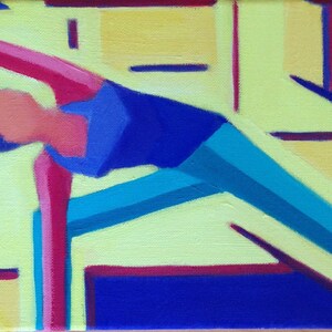 May include: Abstract painting of a person in a blue shirt and turquoise pants doing a yoga pose against a yellow and blue background.