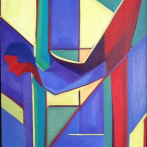 Puede incluir: Pintura abstracta con formas geométricas en tonos de azul, rojo, amarillo y verde. La pintura está compuesta por líneas y planos que se superponen e intersectan, creando una sensación de profundidad y movimiento.