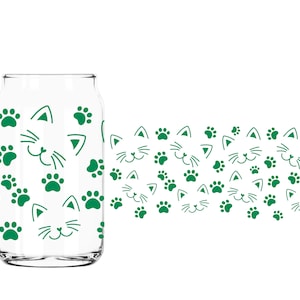 Cat Faces and Paw Prints Glass Can Wrap - 16oz Libbey Glass - 20oz Libbey Glass - Custom Vinyl Decal - DIY - Apply Yourself Can Decals