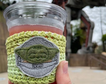 Baby Alien Cup Cozie, Crocheted Cozie, Baby Alien Green Spaceship