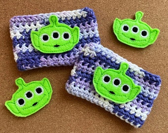 Green Alien Toy Cozy, Coffee cozy, green alien toy, purple coffee cozy, cozies, crocheted cozies