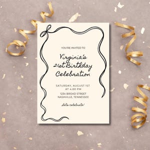 Modelo de convite de aniversário de 21 anos com laço desenhado à mão – Modelo editável do Canva – Download instantâneo – Design elegante de aniversário