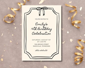Plantilla de invitación de cumpleaños con marco de lazo – Canva editable – Descarga instantánea – Diseño elegante y sencillo