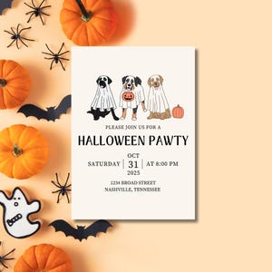 Halloween Pawty Invitation Template – Editable Canva Template with Multiple Dogs – Instant Download –Customizable Pet Halloween Party Design